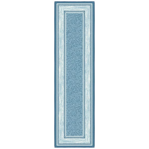 Ottohome Collection Non-Slip Rubberback Bordered Design 2x7 Indoor Runner Rug, 1 ft. 10 in. x 7 ft., Teal Blue