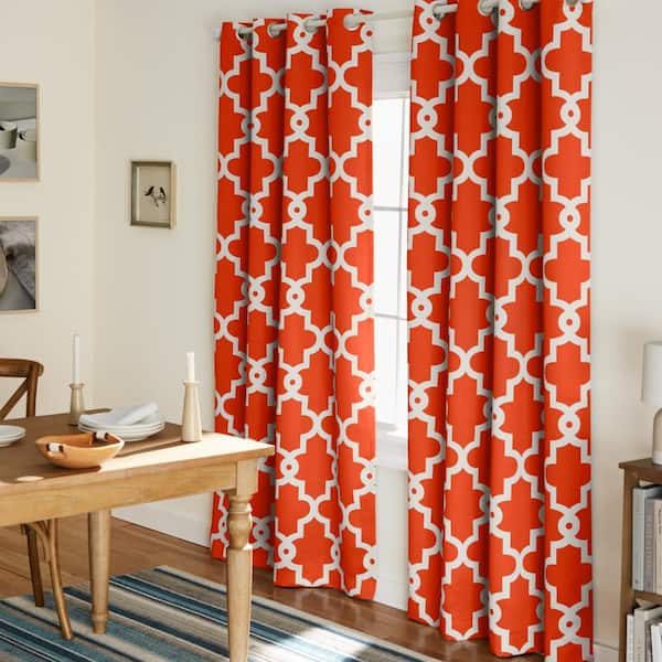 EXCLUSIVE HOME Ironwork Mecca Orange Sateen Trellis 52 in. W x 108 in. L Noise Cancelling Thermal Grommet Blackout Curtain (Set of 2)