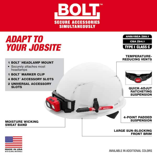 475 Lumens LED Rechargeable Hard Hat Headlamp w/BOLT White Type 1 Class C Front Brim Vented Hard Hat