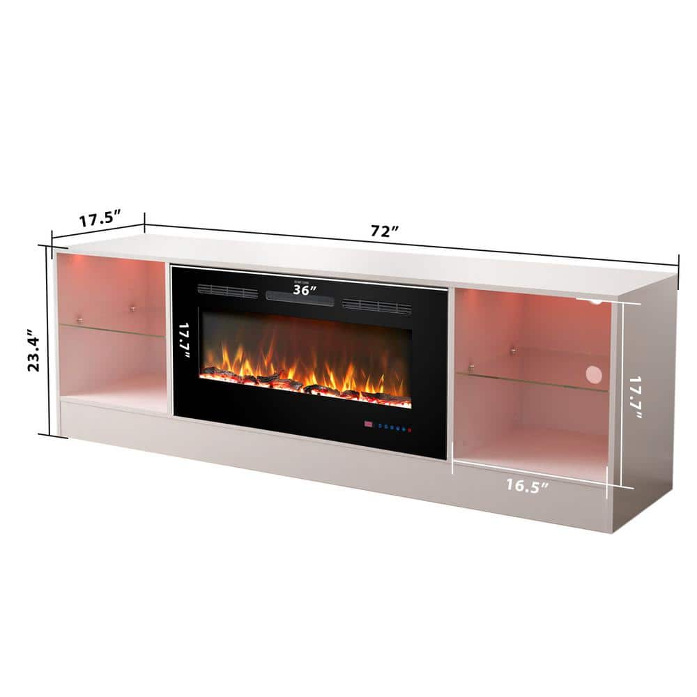 White Wooden 72" TV Stand with Electric Fireplace and LED Lights