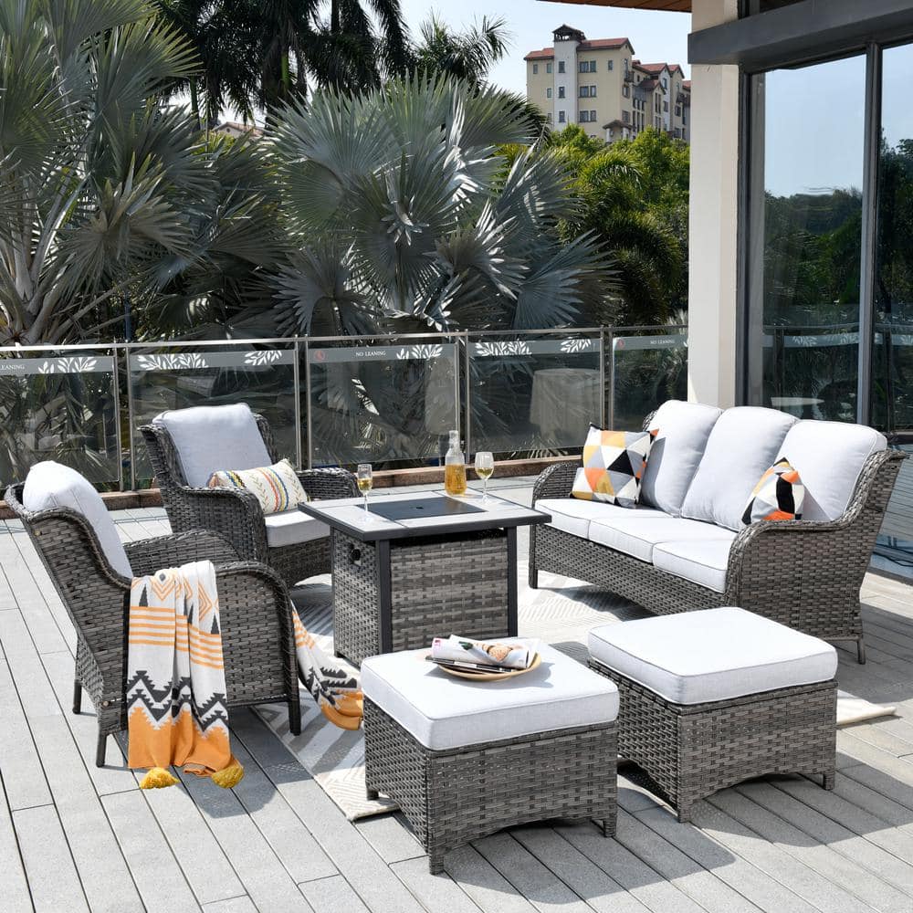 Eclogue Gray 6-Piece Wicker Outdoor Patio Fire Pit Seating Sofa Set and with Gray Cushions price history on PriceWatchPro