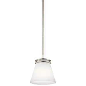 Hendrik 8.75 in. 1-Light Brushed Nickel Contemporary Shaded Kitchen Mini Pendant Hanging Light with Etched Glass