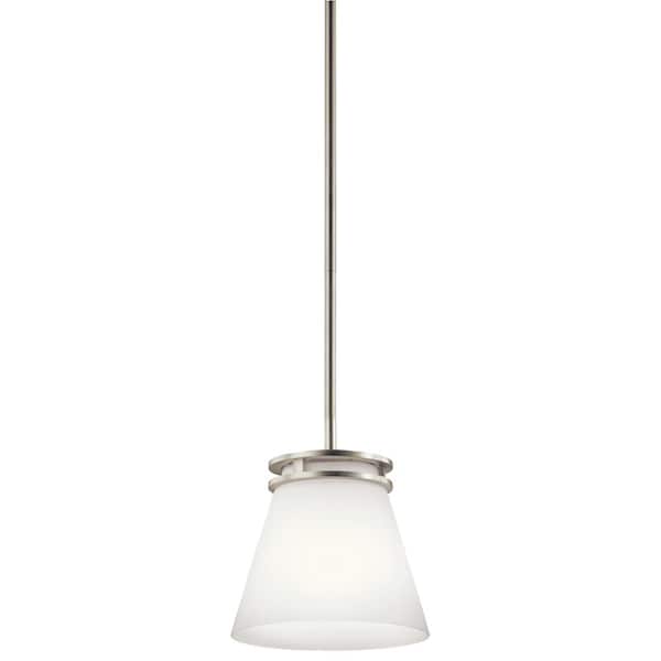 KICHLER Hendrik 8.75 in. 1-Light Brushed Nickel Contemporary Shaded Kitchen Mini Pendant Hanging Light with Etched Glass