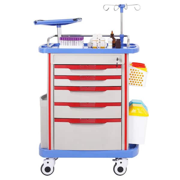 Blue 5-Tiers Lab Carts with 5-Drawers and 4-Silent Wheels, Mobile Medical Cart with PP Material