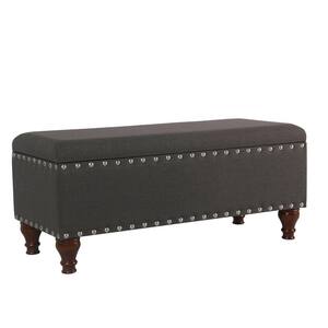 Large Dark Gray and Brown Fabric Upholstered Wooden Storage Bench with Nail head Trim 18 in. L x 42 in. W x 18 in. H