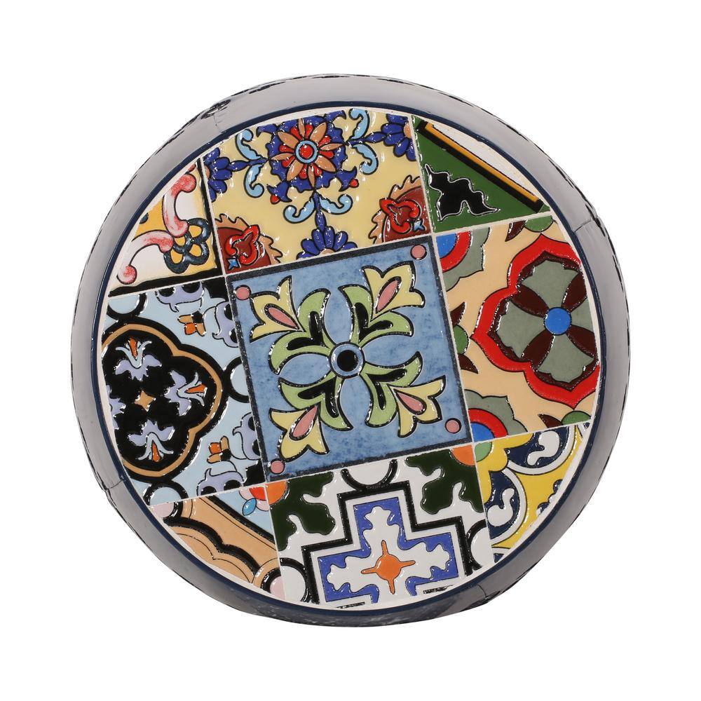 Kalyse Dark Blue Drum Outdoor Side Table with Multicolored Tile Mosaic Top