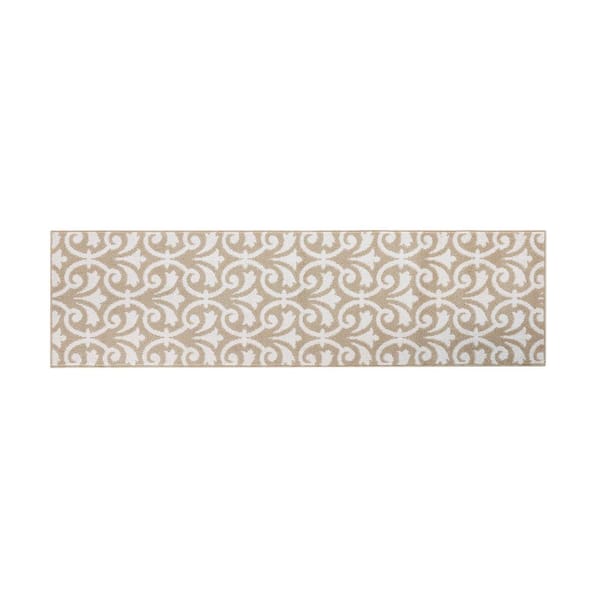Jean Pierre Washable Non-Skid Beige and White 2 ft. 2 in. x 8 ft. Medallion Runner Rug