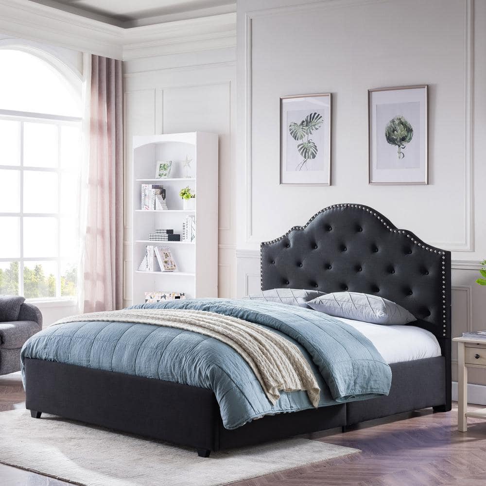 Black Queen Upholstered Bed Frame with Tufted Headboard and Nailhead Trim