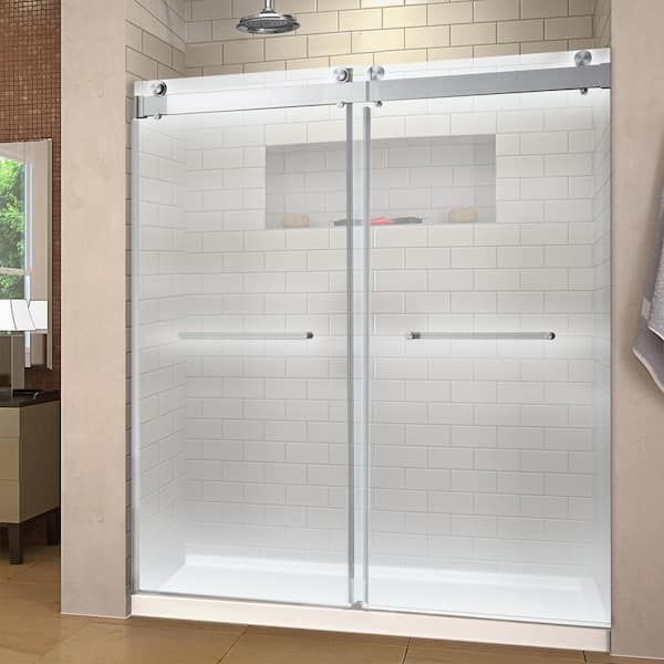 66 in.-72 in. W x 76 in. H Double Sliding Frameless Soft Close Shower Door in Brushed Nickel with Tempered Glass