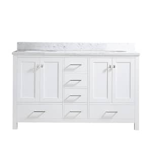 60 in. W. x 22 in. D x 39.8 in. H Bath Vanity in White with Carrara White Marble Top, Double Ceramic Sink, Back Splash