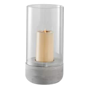 Modern Cool Gray Cement Base and Glass Pillar Hurricane Candle Holder - Large
