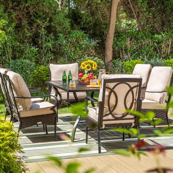 PHI VILLA 7-Piece Metal Patio Outdoor Dining Set with Black Rectangle Slat Table and Stationary Chairs with Beige Cushions