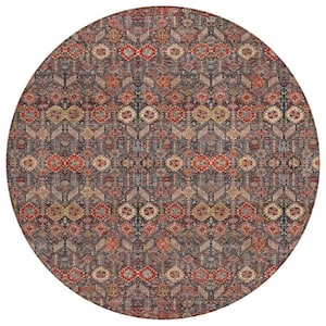 Red and Dark Blue 8 ft. Round Woven Floral Round Indoor/Outdoor Area Rug