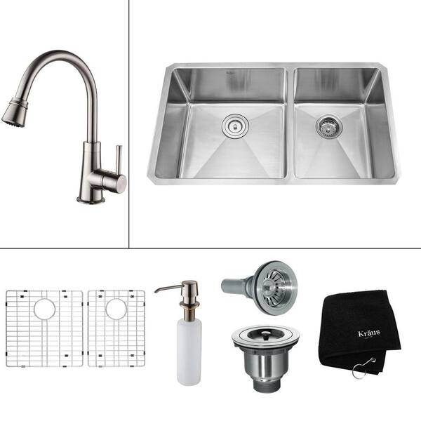 KRAUS All-in-One Undermount Stainless Steel 32.75x19x14 in. 0-Hole Double Bowl Kitchen Sink with Satin Nickel Accessories