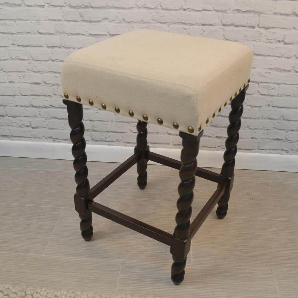 Espresso Linen Upholstered Backless Swivel Counter Stool