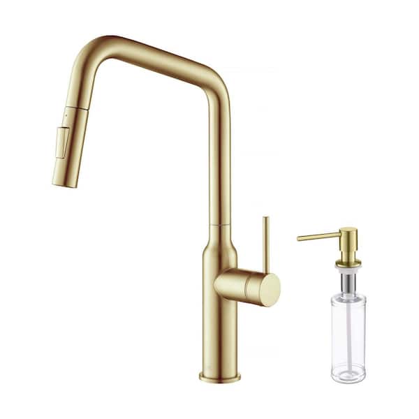 Casa Single Handle Pull Down Kitchen Sink 17in. Faucet with Soap Dispenser in Brushed Gold