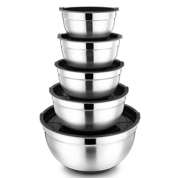 Adrinfly Large Nesting 5-Piece Stainless Steel Black Mixing Bowls with Non-Slip Base
