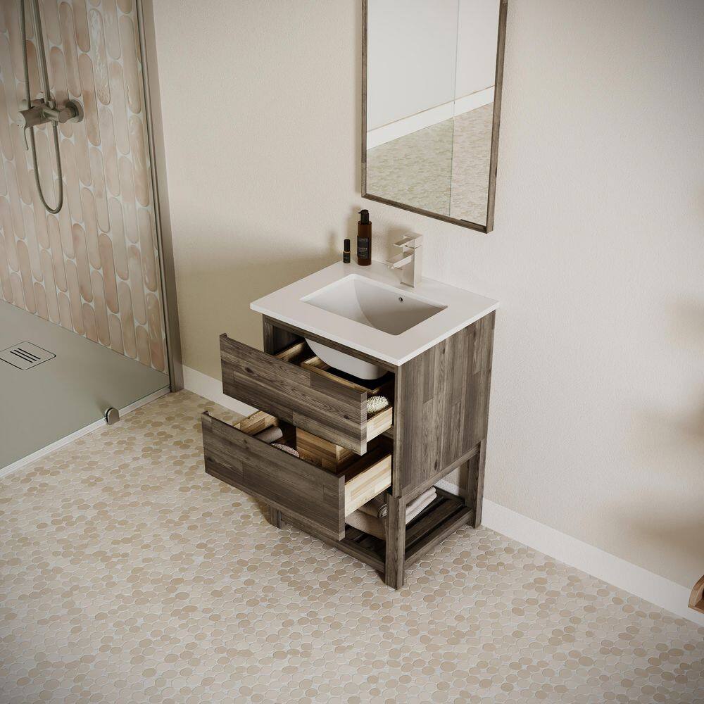 24" Brown Engineered Wood Freestanding Vanity with Quartz Top