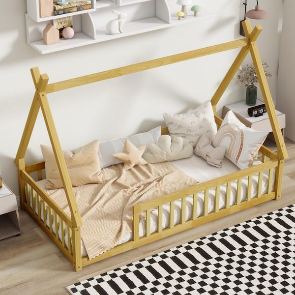 Harper & Bright Designs Tent Style Natural Wood Frame Twin Size Platform Bed, Teepee Bed with Fence Bedrails, Slats