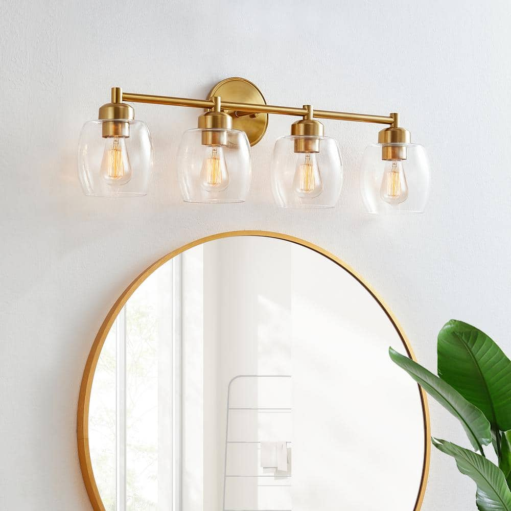 KAWOTI 30.3 in. 4-Light Antique Brass Bathroom Vanity Light with Clear ...