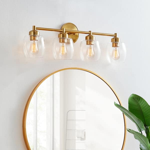 KAWOTI 30.3 in. 4-Light Antique Brass Bathroom Vanity Light with Clear Glass Shades