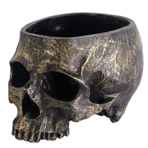Angel Sar Artificial Resin Halloween Skull Head Candy Bowl Holder for Desktop Ornaments, Bronze