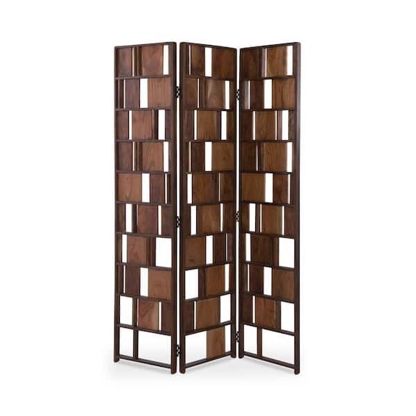 Dashiell 71 in. Brown 3-Panel Room Divider, Solid Acacia Wood with Metal Frame