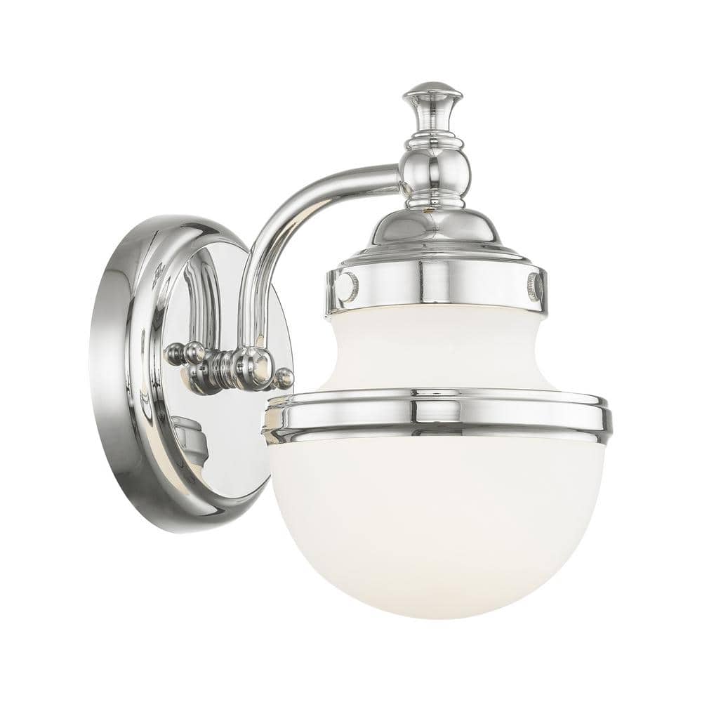 Sleek Industrial Polished Chrome 1-Light Bath Vanity with Hand Blown Opal Glass