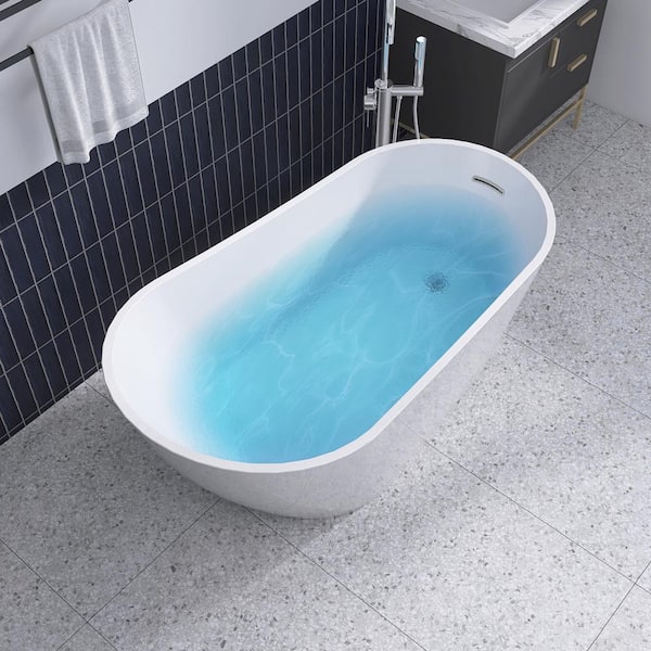 Dazf 59 in. x 30.75 in. Acrylic Soaking Tub Flatbottom Free Standing Bathtub Chrome Anti-Clogging Drain in Glossy White