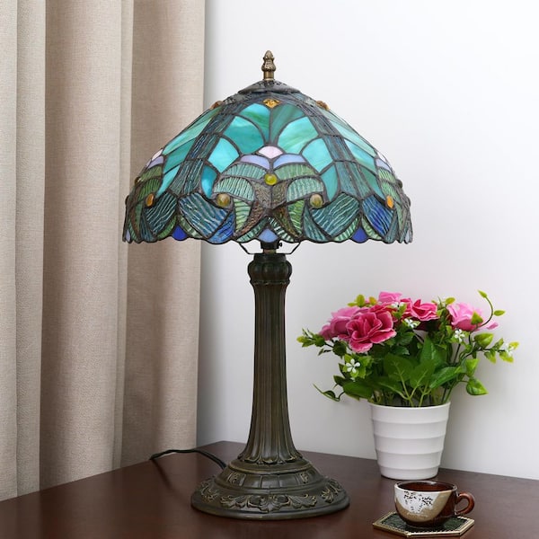 19 in. Multi-Colored Tiffany Style Bronze Finish Table Lamp with Blue Spot Stained Glass Lamp Shade