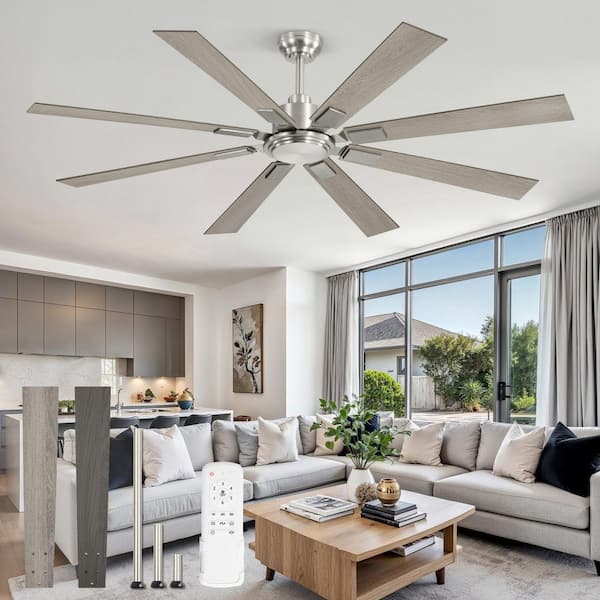 65 in. Large Modern Wood Grain Indoor/Covered Outdoor Nickel Downrod Mount 6-Speed Ceiling Fan No Light with Remote