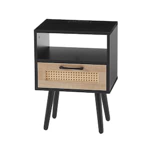 Anky 15.75 in. Black Rectangle MDF Rattan End Table 1-Drawer Nightstand Side Table with Power Outlet and USB Ports