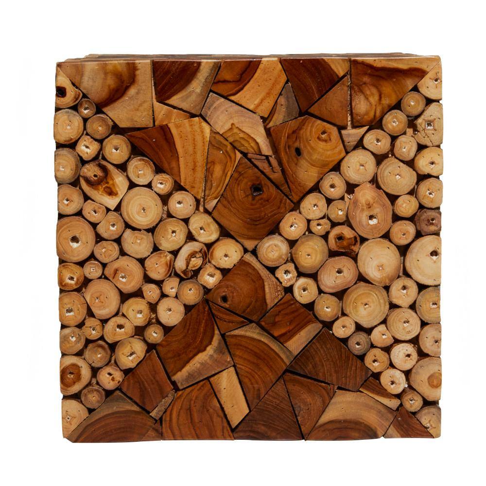 Handcrafted 14" Brown Teak Wood Mosaic Accent Table