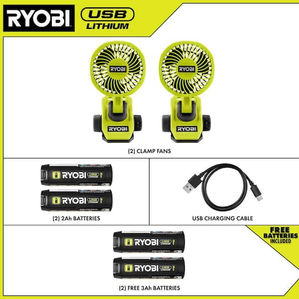 USB Lithium Clamp Fan Kit 2-Pack with (2) 2.0 Ah USB Batteries and Charging Cable and (2) 3.0 Ah USB Lithium Batteries
