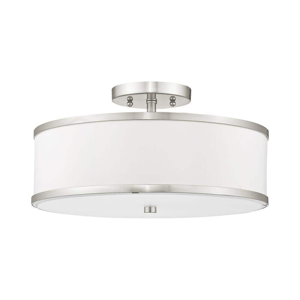 Brushed Nickel 3-Light Drum Ceiling Mount with White Hardback Shade