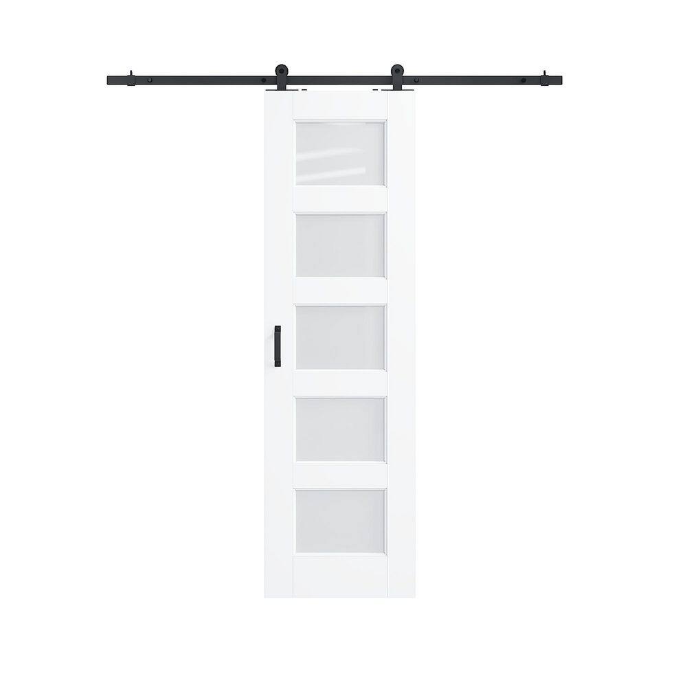 18 in. x 80 in. 5 Lite Frosted Glass White Primed MDF Top Mount Sliding Barn Door with Hardware Kit (T Shape Hanger) price history on PriceWatchPro