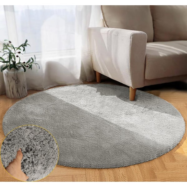 GHDG Solid Shag Grey 5 ft. Cozy Plush Round Rug Area Rug