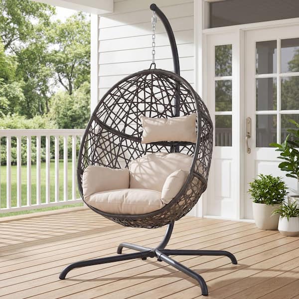 1-Person Oversized Outdoor Beige Wicker Patio Porch Swing Hanging Egg Chair with Cushion and Stand, 450lb Capacity