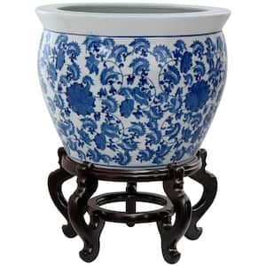12 in. Floral Blue and White Porcelain Fishbowl