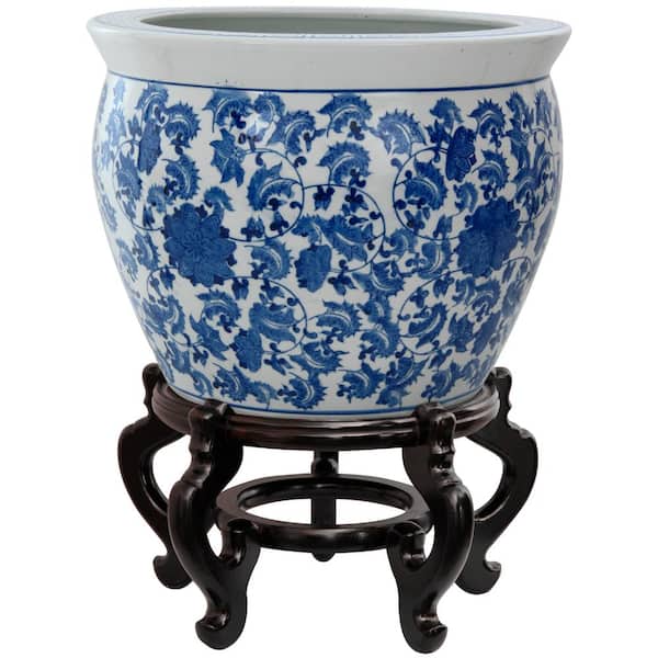 Oriental Furniture 16 in. Floral Blue and White Porcelain Fishbowl