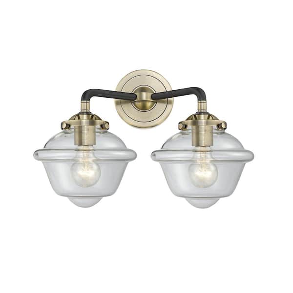 Innovations Oxford 15.5 in. 2 Light Black Antique Brass, Clear Vanity Light with Clear Glass Shade