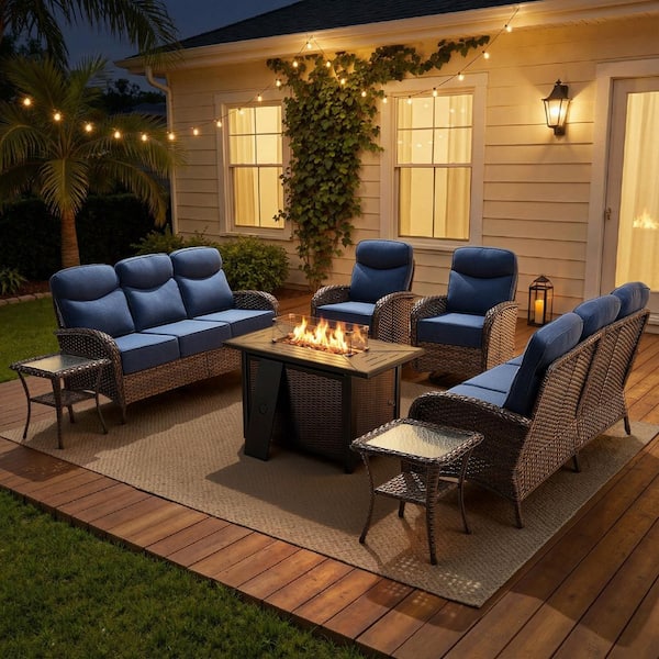Luna Brown 7-Piece Wicker Outdoor Patio Fire Pit Deep Seating Set with 6 in. Olefin Navy Blue Cushions
