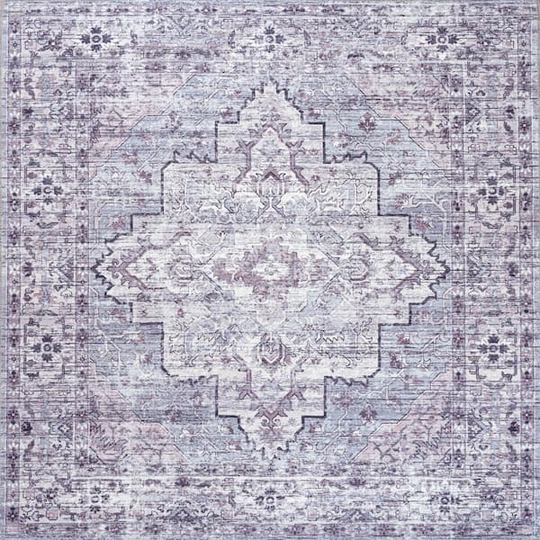 Didim Boho Gray/Purple 5 ft. Medallion Machine-Washable Square Area Rug