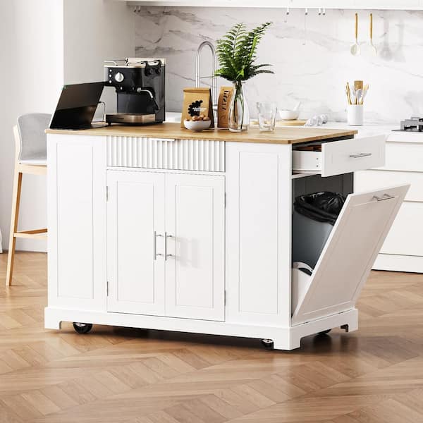 White Wood 48.50 in. Rolling Kitchen Island with Trash Can Storage Cabinet, Power Outlet, Storage Rack, 3-Drawers