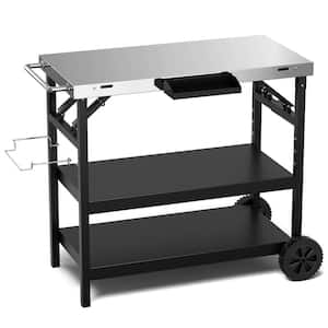 Outdoor 3-tier Food Prep Serving Cart Table with Adjustable Shelf Phone Stand Spice Rack Towel Rack Garage Rack