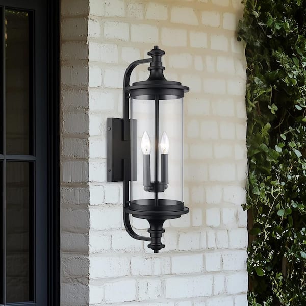 Bel Air Lighting Path 24.75 in. 2-Light Black Outdoor Hardwired Wall Lantern Sconce with No Bulbs Included and Clear Glass