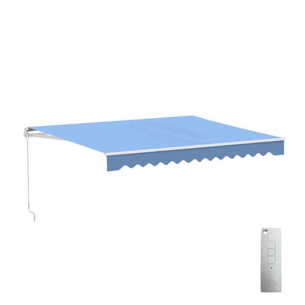 13 ft. Caribbean Polyester Motorized Retractable Patio Awning 10 ft. Projection in Sky Blue