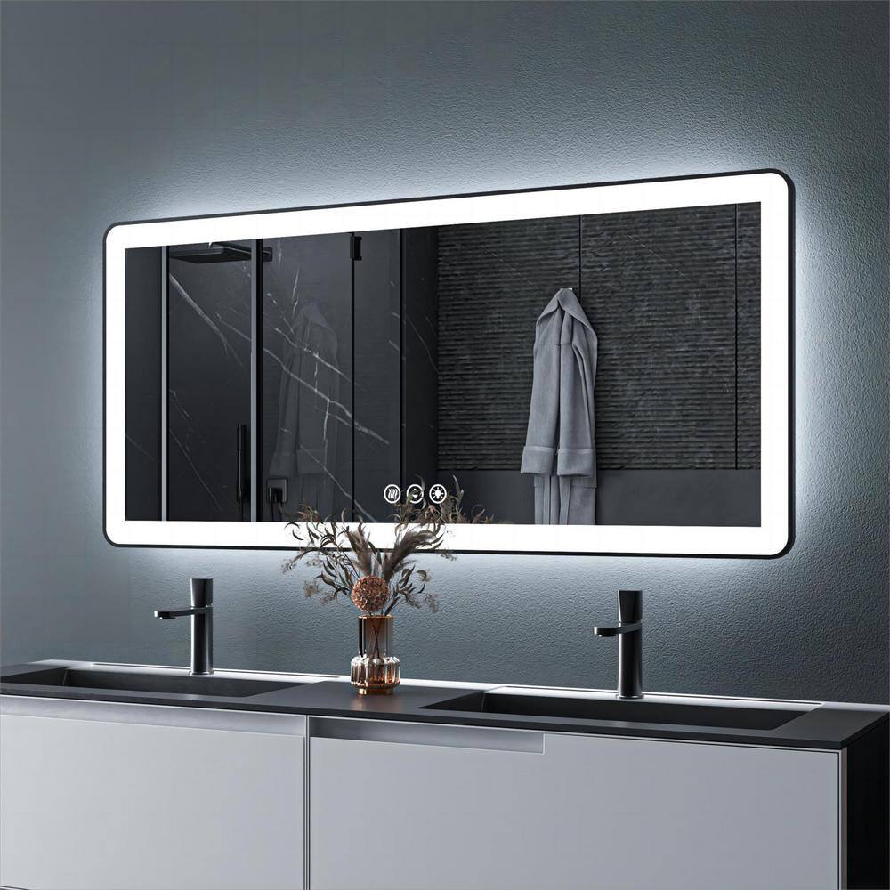 60 in. W x 28 in. H Rectangular Framed LED Anti-Fog Wall Mount Bathroom Mirror in Black with Backlit and Front Light price history on PriceWatchPro