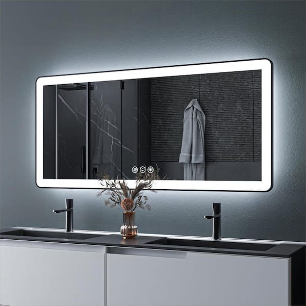 60 in. W x 28 in. H Rectangular Framed LED Anti-Fog Wall Mount Bathroom Mirror in Black with Backlit and Front Light