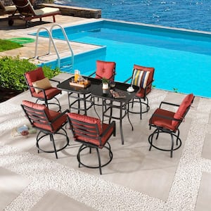 8-Piece Metal Bar Height Outdoor Dining Set with Red Cushions